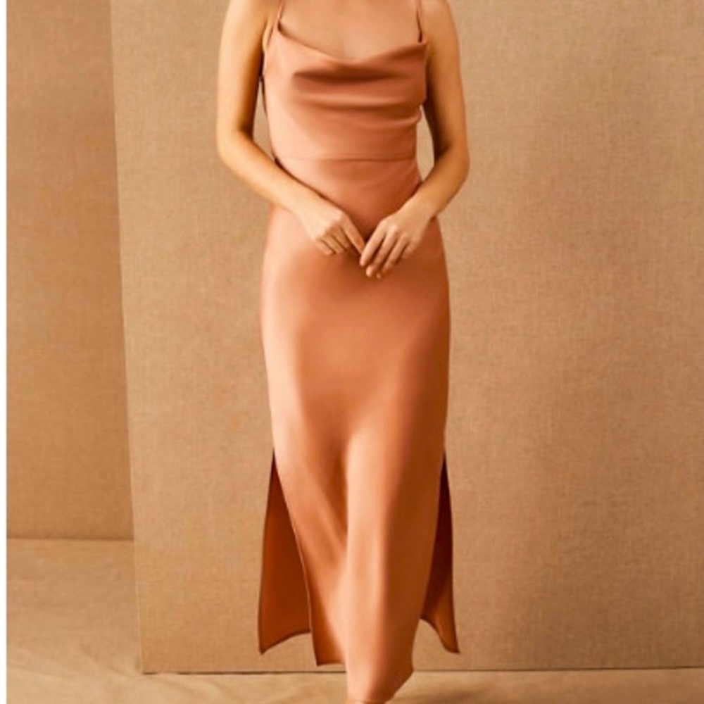 BHLDN midi length satin dress in Sedona color